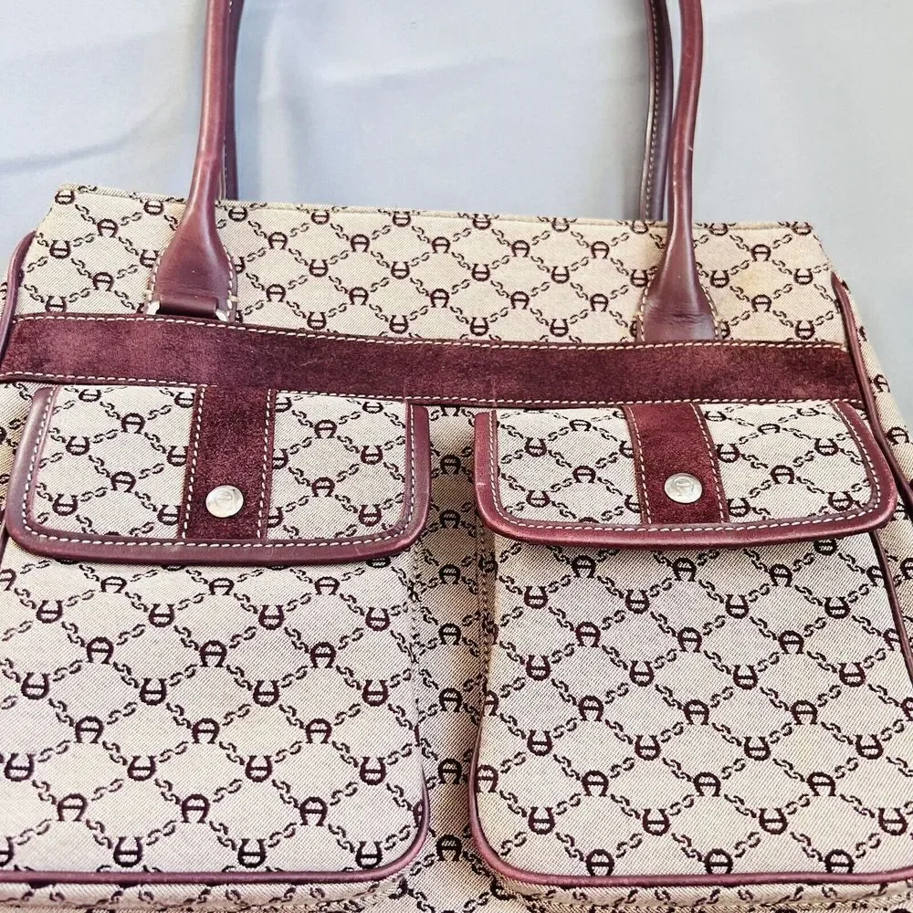 Vintage Etienne Aigner Logo Cotton Leather Travel Tote Bag Double Pocket Satchel